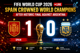 Spain captain lifting the FIFA World Cup trophy during the championship celebration.